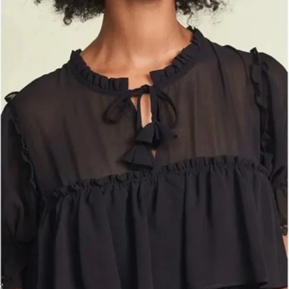 MISA Jazmine black tiered layered ruffle sheer short sleeve tassel neck dress - Picture 6 of 15